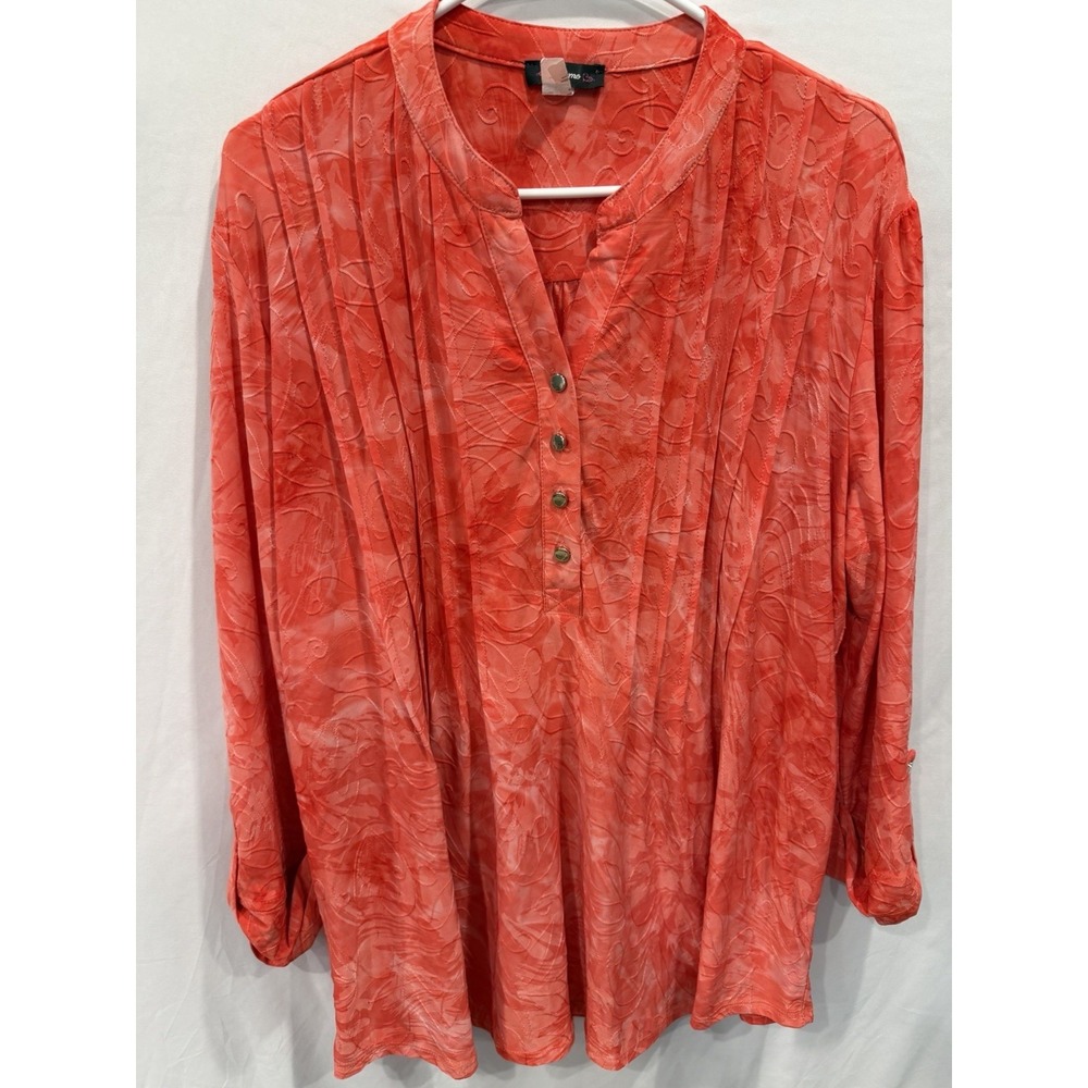 Cocomo Top XL Coral Pink Orange Embroidered Soutache Pleated Henley 3/4Roll Tab